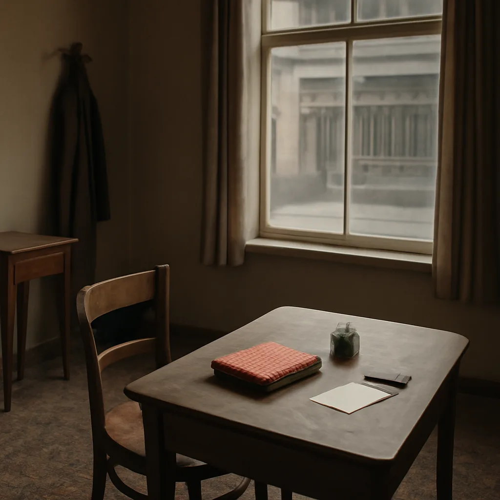 Interior of a modest 1940s Amsterdam apartment table with a red-and-white checked autograph book, fountain pen, and a birthday ribbon; furnishings and clothing of the room reflect early 1940s European style.