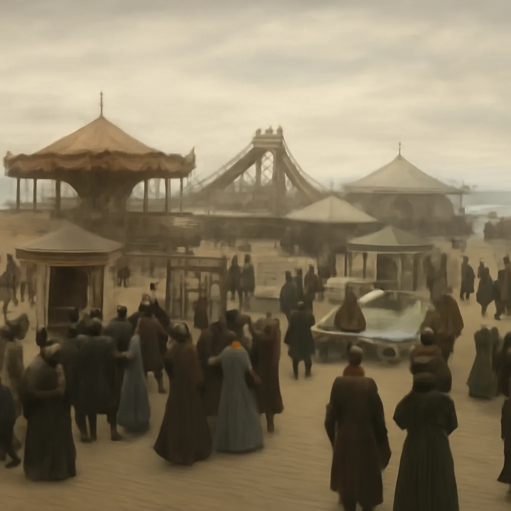 Late 19th-century amusement park grounds on Coney Island with mechanical rides, exhibition tents, and crowds in period clothing near a fenced entrance.