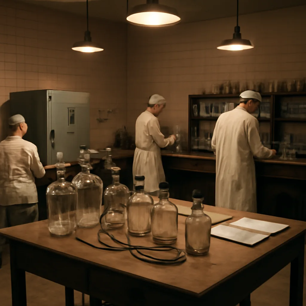 1930s hospital laboratory room with glass blood collection bottles, metal refrigeration unit, wooden worktables, laboratory glassware and technicians in period medical attire preparing supplies for blood storage.