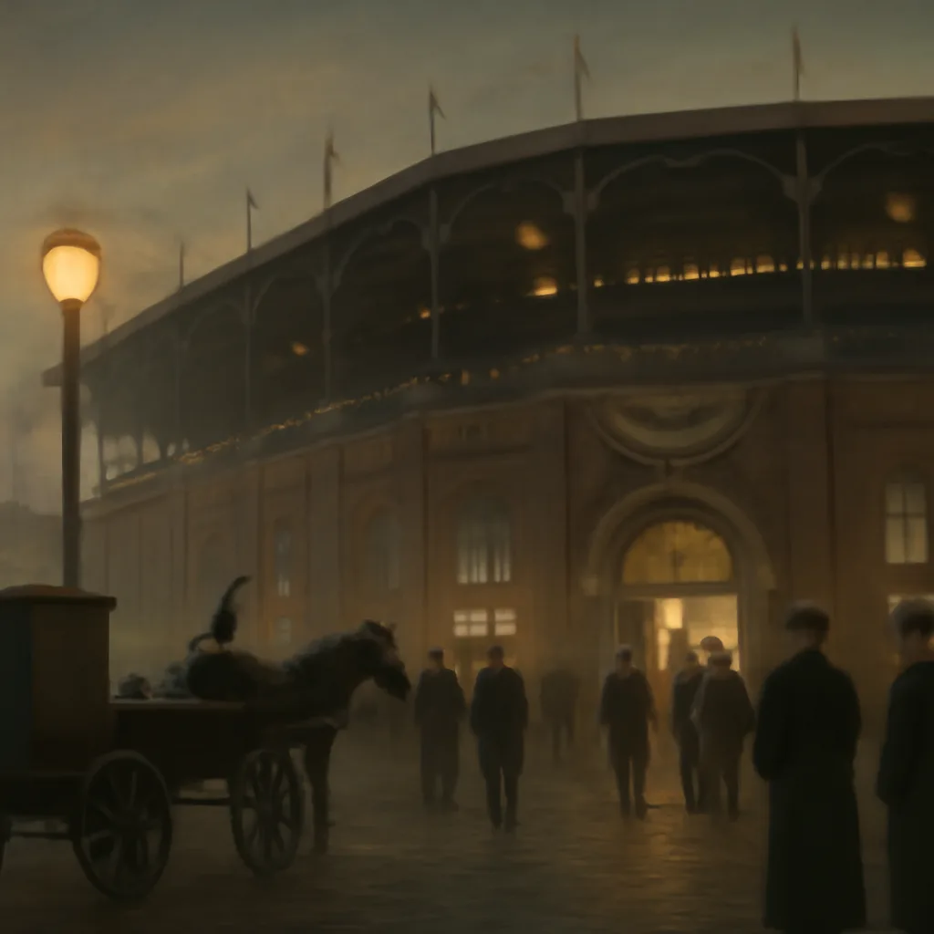 Early 20th-century baseball stadium exterior and ticket booth with period signage and fans in 1910s clothing, evoking the era of the Babe Ruth sale.