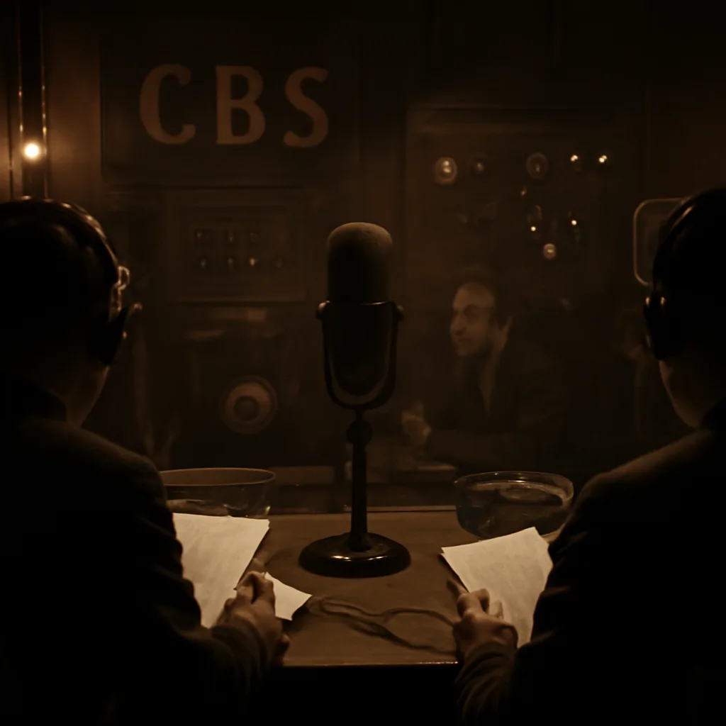1938 radio broadcast studio with microphone, script pages, and period radio equipment, suggesting a live radio drama production without identifiable faces.