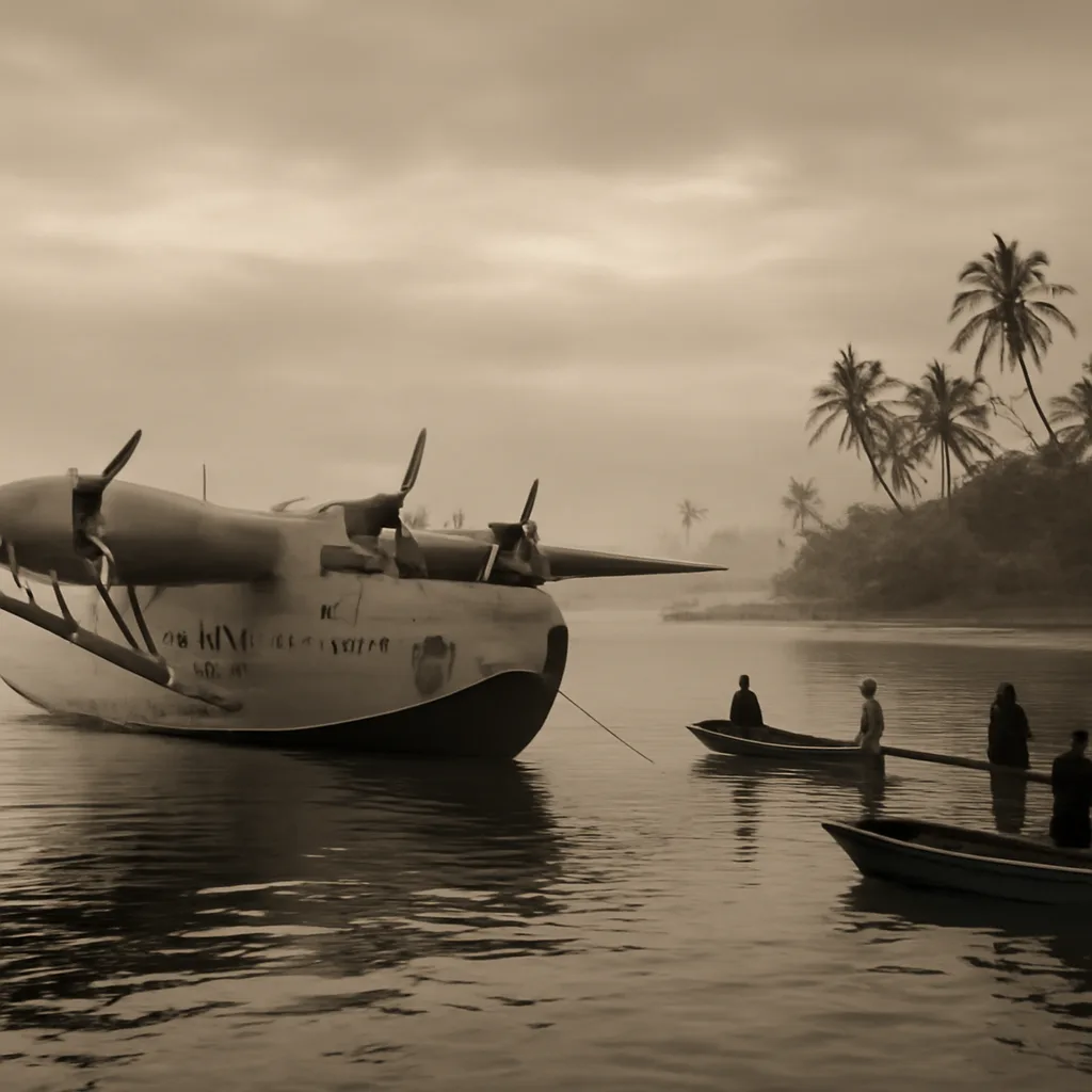 A 1930s Martin M-130 flying boat (Pan American Clipper) on calm tropical waters near an island, with seaplane moorings and island shore in the distance under overcast sky.