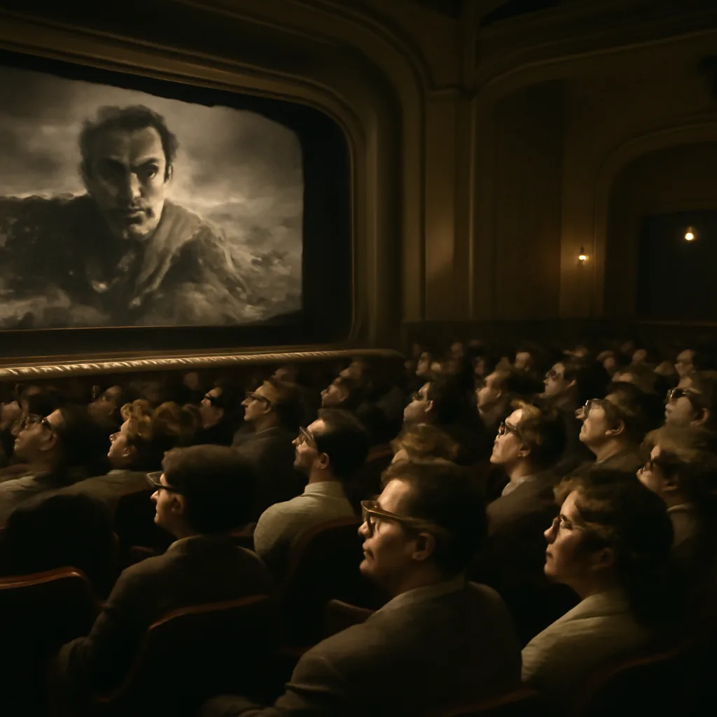 Interior of a 1950s movie theater auditorium with patrons seated wearing early 3D glasses, projector beam on a large screen, and mid-century theater decor.