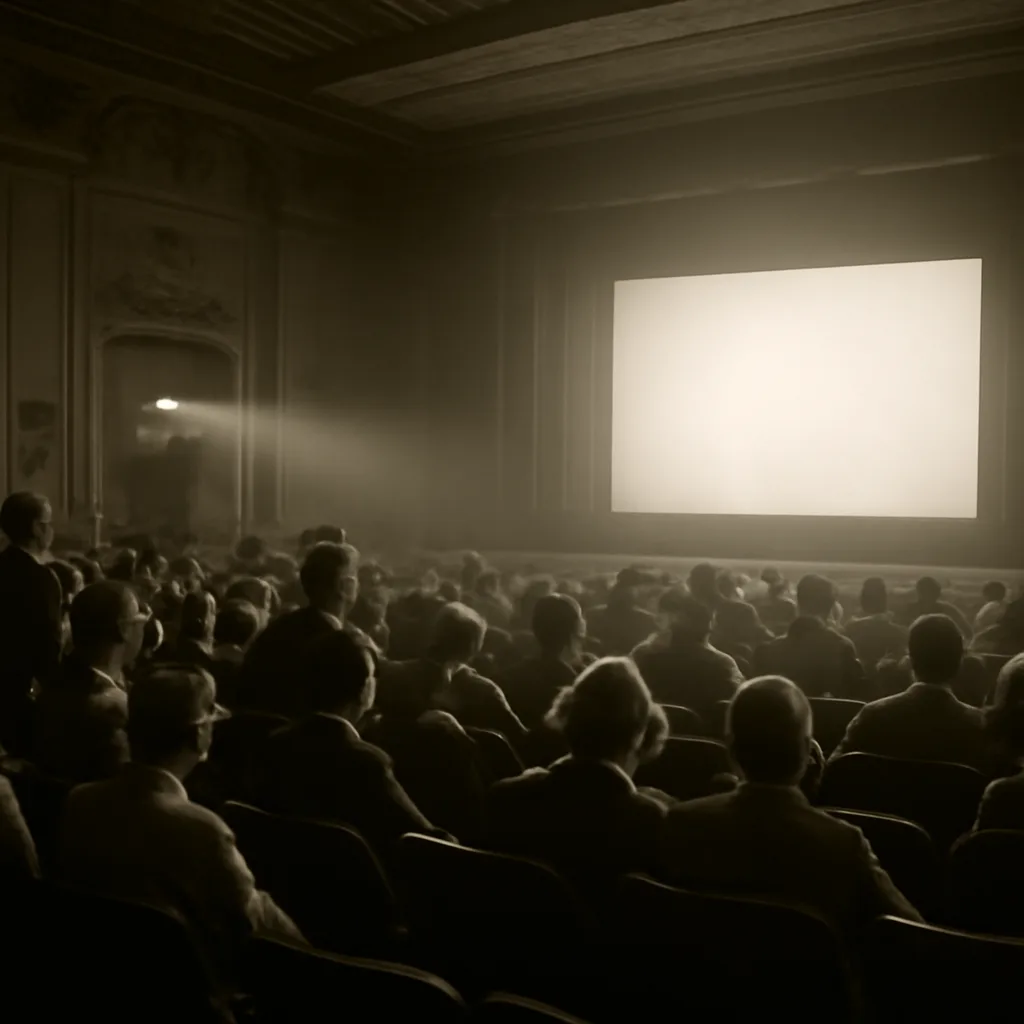 A 1930s cinema auditorium, patrons in period clothing rising or leaving seats as attendants operate projectors; dim auditorium light and a film screen glowing in front.