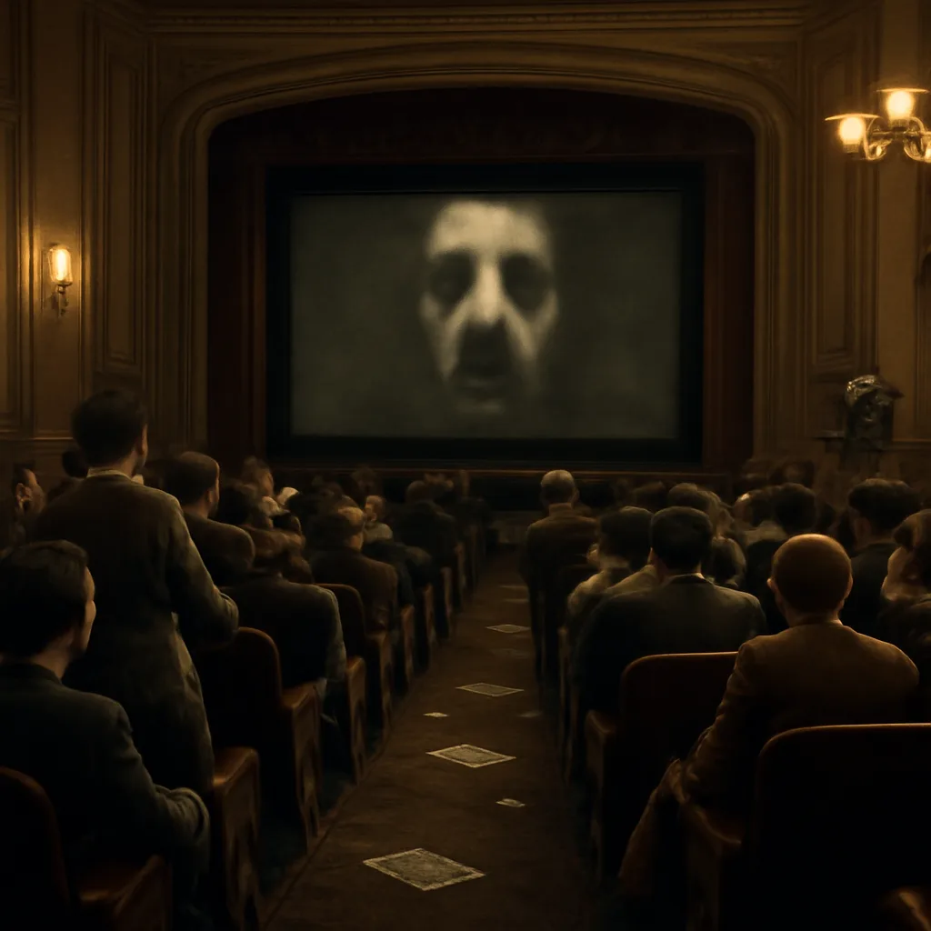 Early 20th-century cinema auditorium with stage-like screen, audience in period dress reacting with alarm and people standing or leaving; gas or early electric lighting visible.