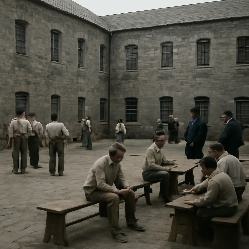 A wide interior view of a mid-19th-century convict prison workshop and yards with rows of prisoners in plain period clothing under supervised labor; plain stone walls, barred windows, and uniformed warders visible.