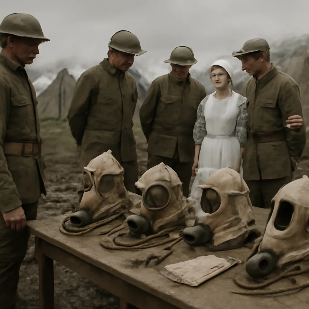 Soldiers and medics examining early World War I respirator prototypes—fabric hoods and canister filters—laid out on a wooden table in a field hospital setting.