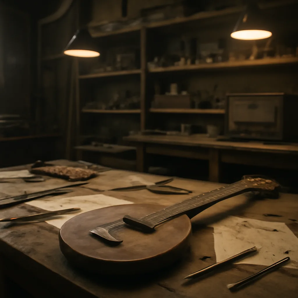 1930s workshop scene with an early lap-style electric guitar ("frying pan"), electromagnetic pickup visible beneath the strings, workbench with tools and patent drawings spread out.