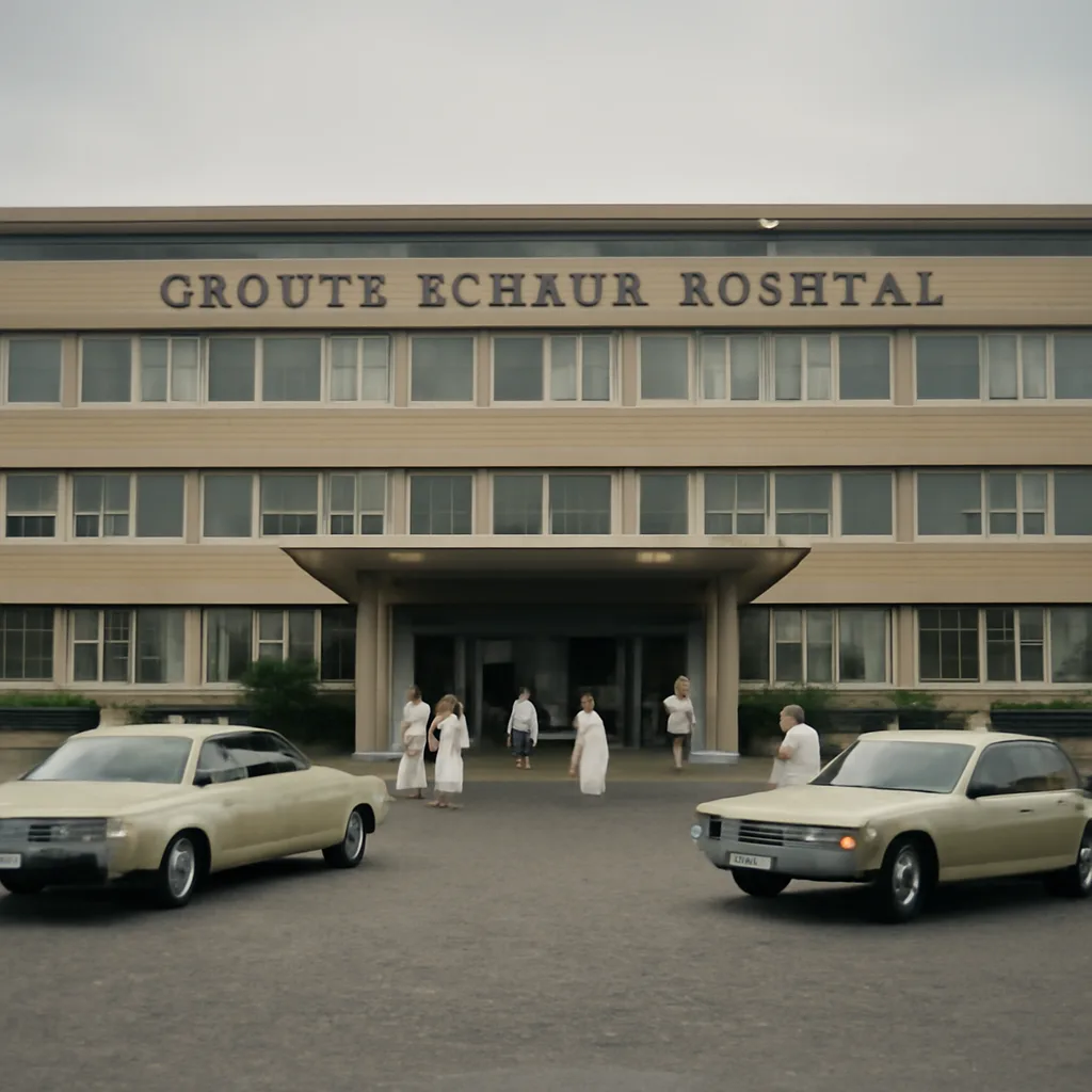 Groote Schuur Hospital operating theater exterior and adjacent ward areas in 1960s Cape Town, view suggesting a 1960s hospital setting without identifiable faces.