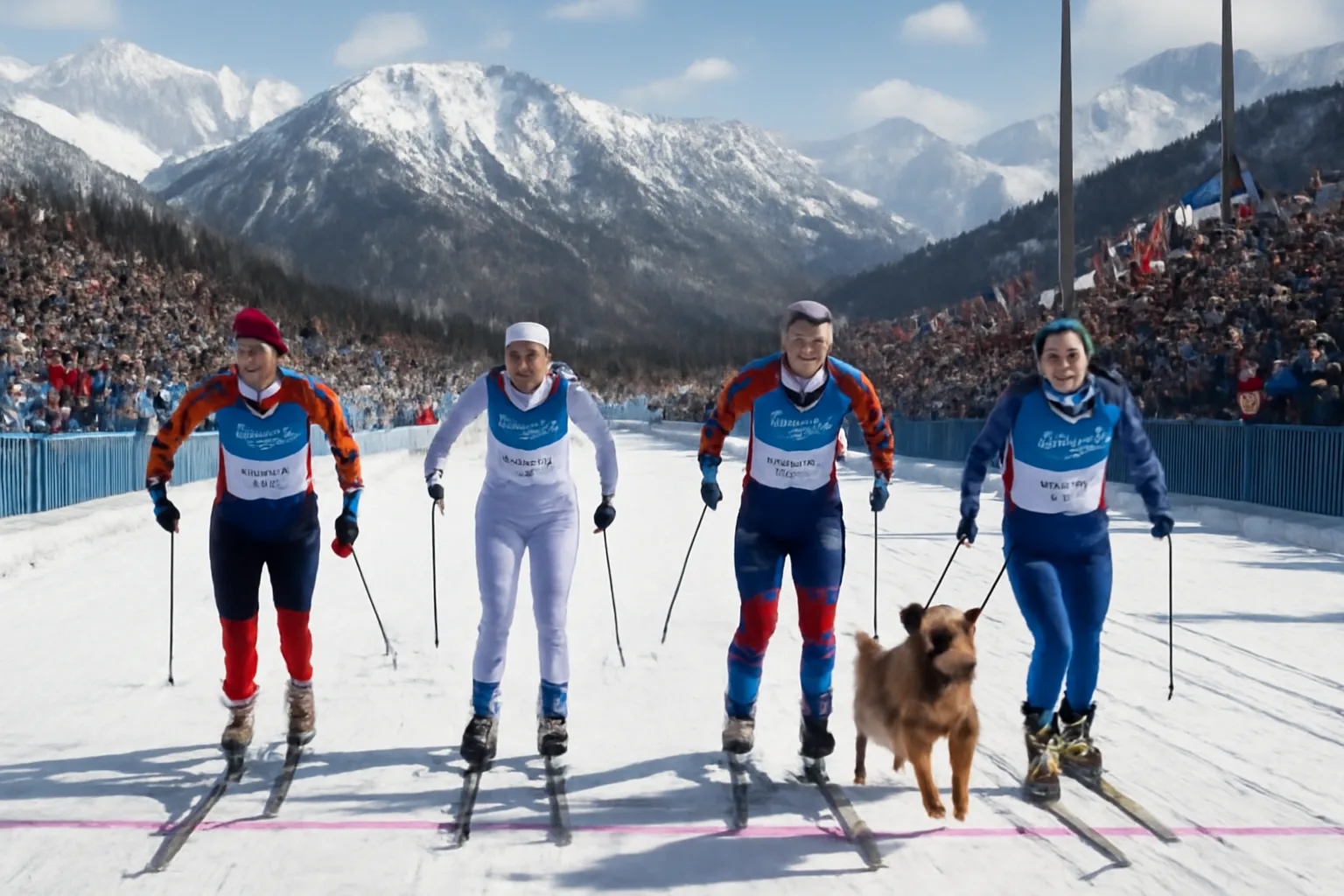 Wide snowy cross-country skiing race finish with female skiers and a dog running alongside them