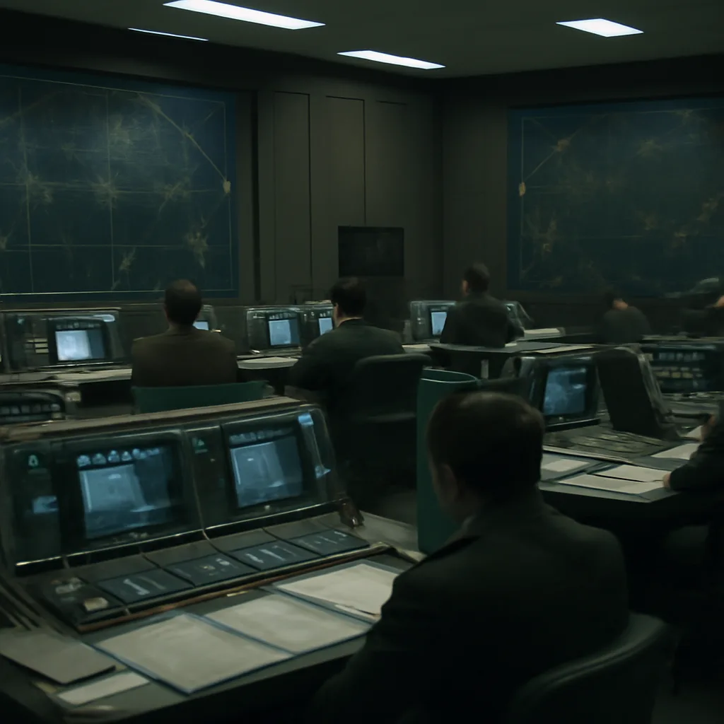 Cold War-era military command center with operators at consoles, wall maps and early computer displays; scene conveys tense monitoring and alert activity in 1980.
