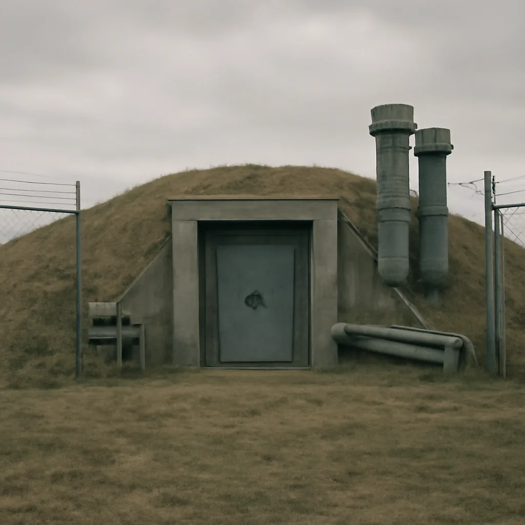 Concrete entrance to a Cold War-era military underground facility with a reinforced sealed door set into a grassy embankment, utility conduits and weathered signage nearby.