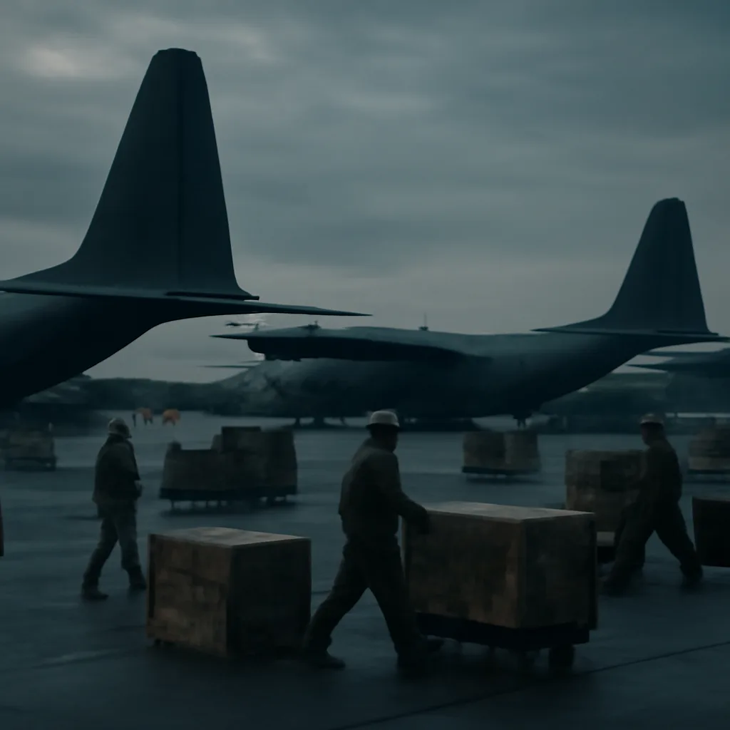 Cold War-era military airfield with parked transport aircraft and crates, workers and vehicles nearby; scene suggests logistical activity around munitions handling without showing identifiable faces.