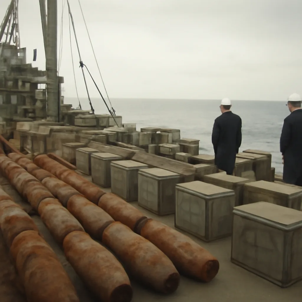 Rusting, cylindrical munitions and containers stacked on the deck of a mid-20th-century naval cargo ship prior to sea disposal, with overcast sky and calm ocean in the background.