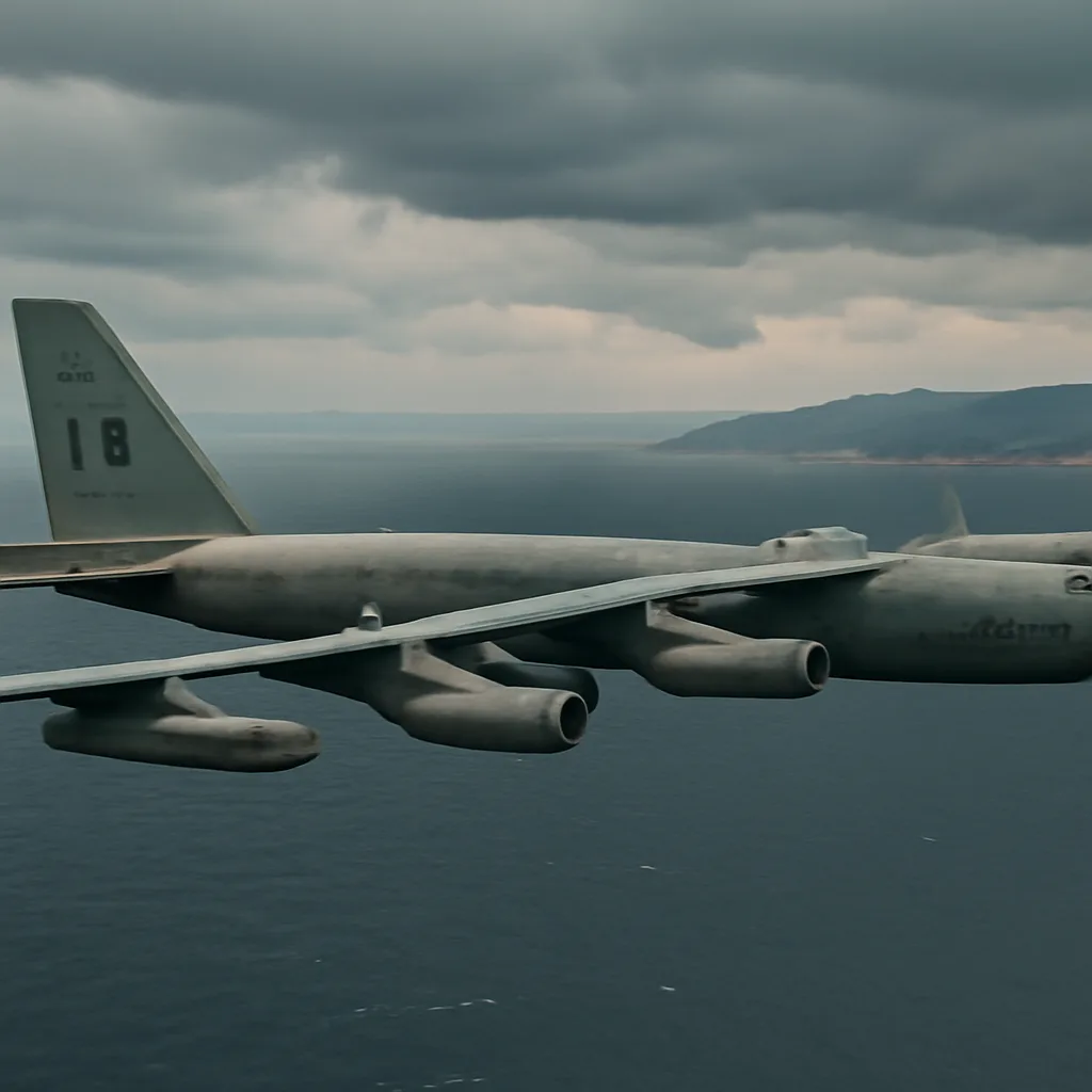 A 1960s-era B-52 bomber in flight over a Mediterranean-style coastline, with a nearby Navy patrol aircraft at distance; cloudy sky, vintage aircraft markings visible but no identifiable faces.