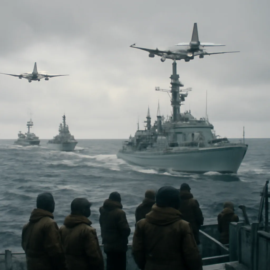 Cold War-era NATO naval and air units at sea under overcast winter skies, with military ships and patrol aircraft in formation reflecting heightened readiness in January 1983.