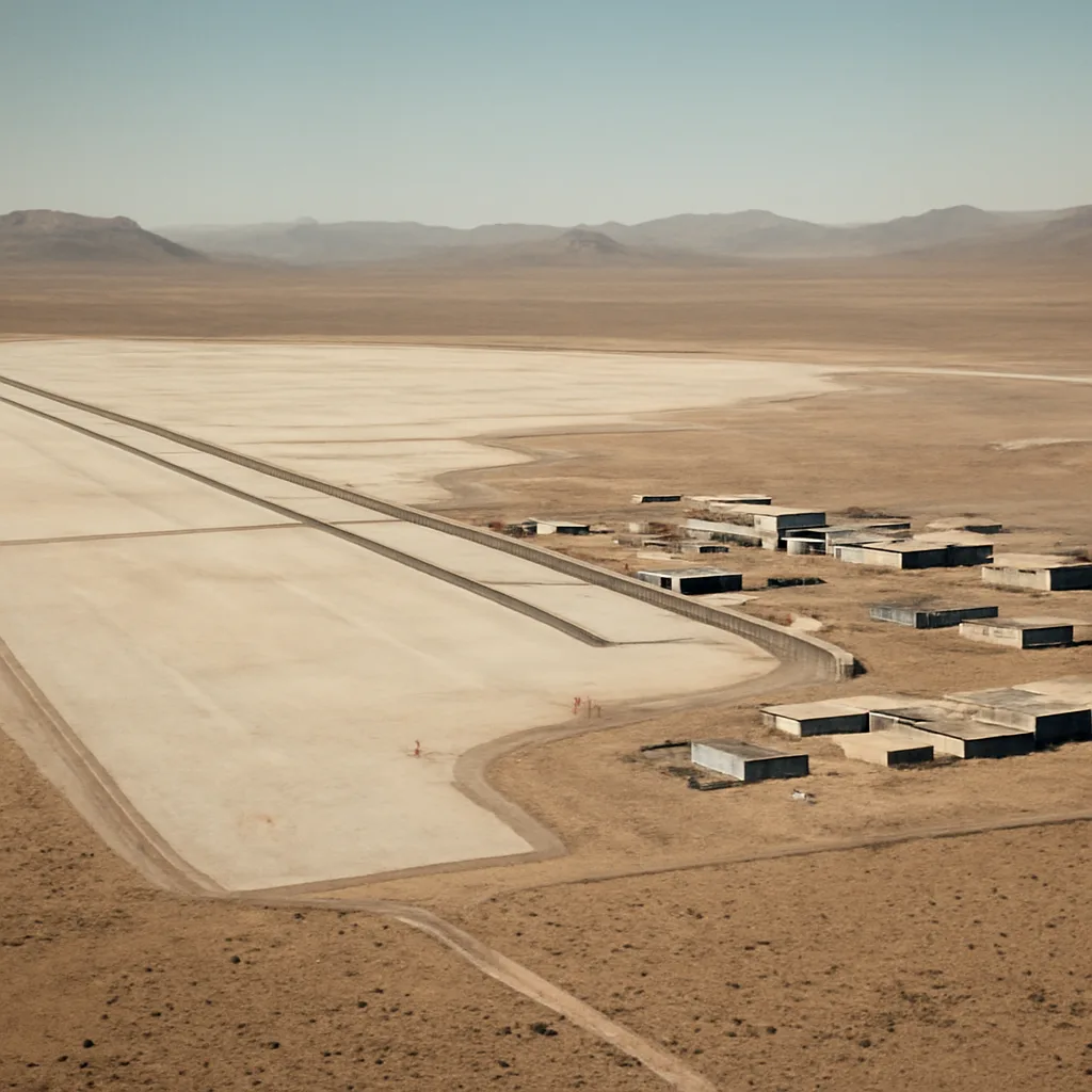 Aerial view of Groom Lake dry lake bed and surrounding desert where the Area 51 facility is located, showing runways and fenced perimeter from a distance.