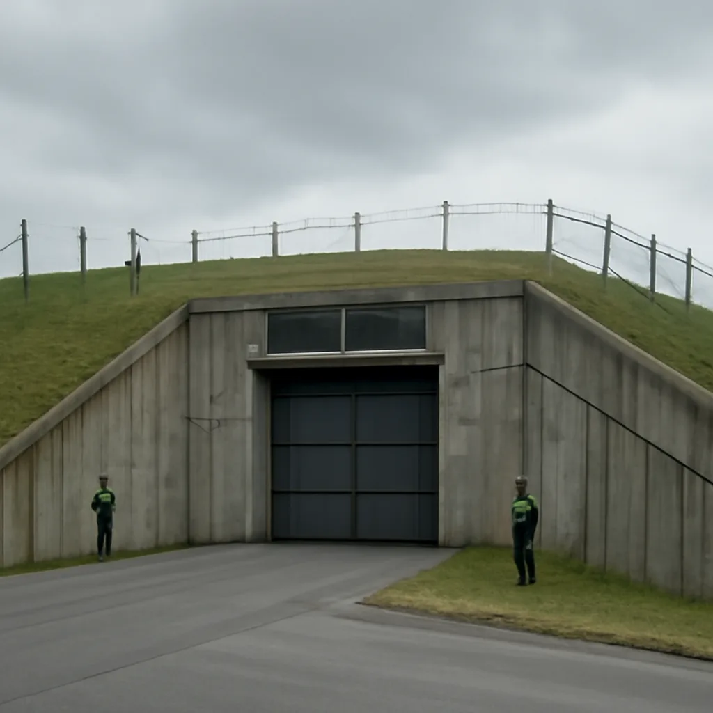 Exterior view of a nondescript government building entrance set into a landscaped hillside, with service roads and ventilation grilles visible—representing an underground command facility without showing identifiable people.