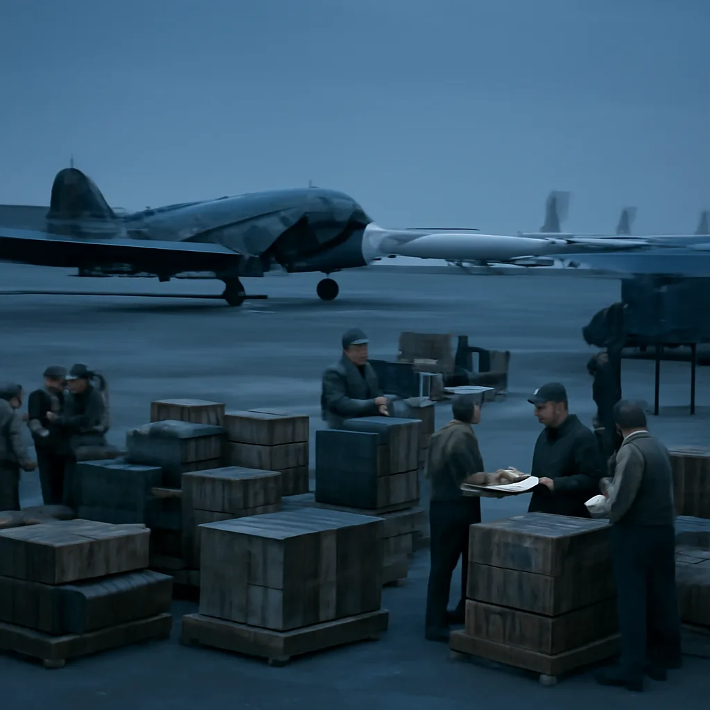 Cold War–era military cargo area with crates and parked transport aircraft, soldiers and civilian technicians inspecting manifests and containers.