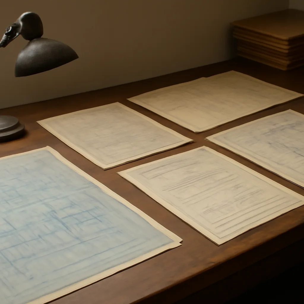 Blueprint-style drawings and archival documents spread on a table, showing floor plans and ventilation schematics for mid-20th-century government bunkers.
