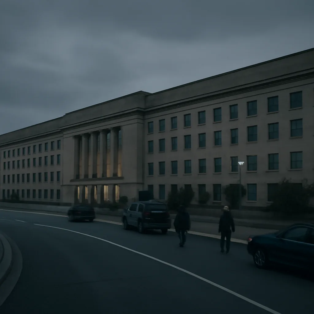 Exterior of the Pentagon building at dusk in 1980, with vehicles and uniformed personnel near an entrance, conveying a tense institutional setting during the Cold War.