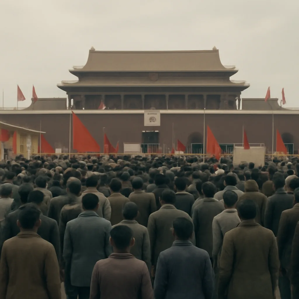 Crowd gathered in Tiananmen Square with banners and flags on October 1, 1949, during the proclamation of the People’s Republic of China; surrounding architecture of central Beijing visible.