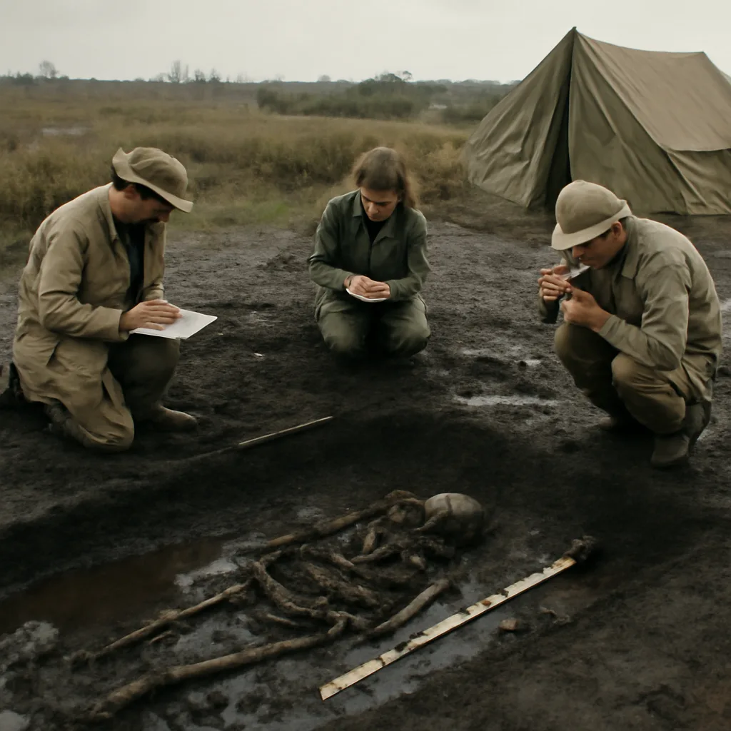 Archaeologists at a waterlogged excavation site uncovering a partially buried, well-preserved human burial surrounded by peat and silt; tools, scales, and tented work area visible.