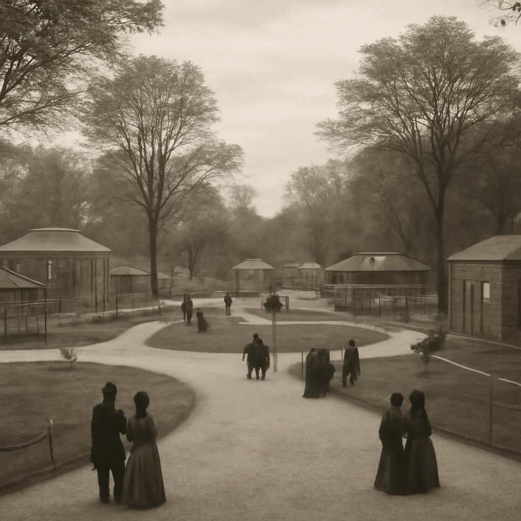 A 19th-century landscaped park scene in West Fairmount Park, Philadelphia, showing early zoo enclosures and visitors in period dress viewing animals from fenced paths.