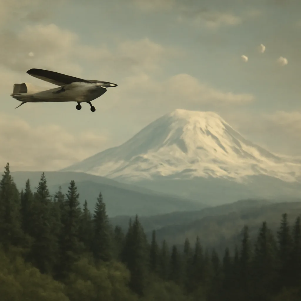 A 1940s light single-engine aircraft flying near a cloud-covered Mount Rainier with several small, distant, bright crescent-shaped objects in the sky; mid-century regional landscape and period-appropriate aircraft.