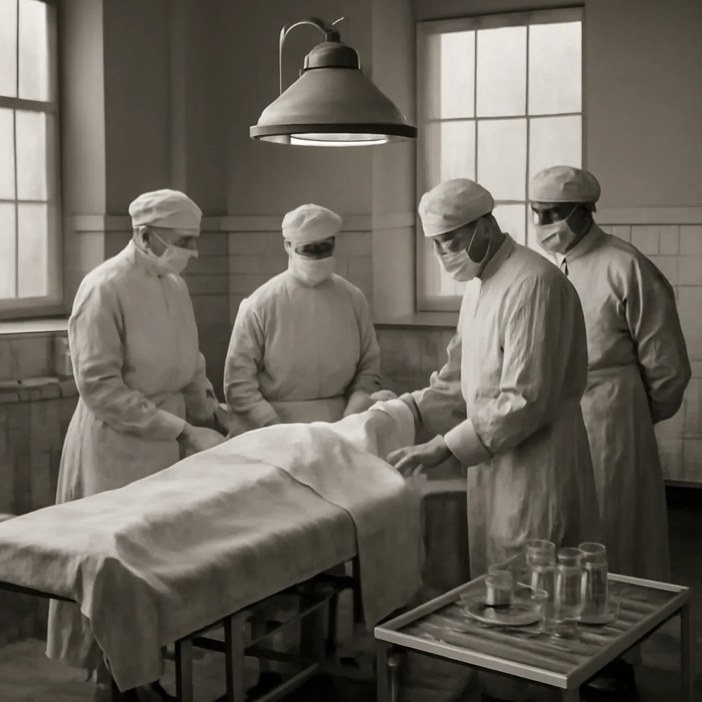 Early 20th-century hospital ward with surgeons and assistants preparing for reconstructive facial surgery; patient on operating table, surgical instruments on tray, staff in period surgical attire and caps.
