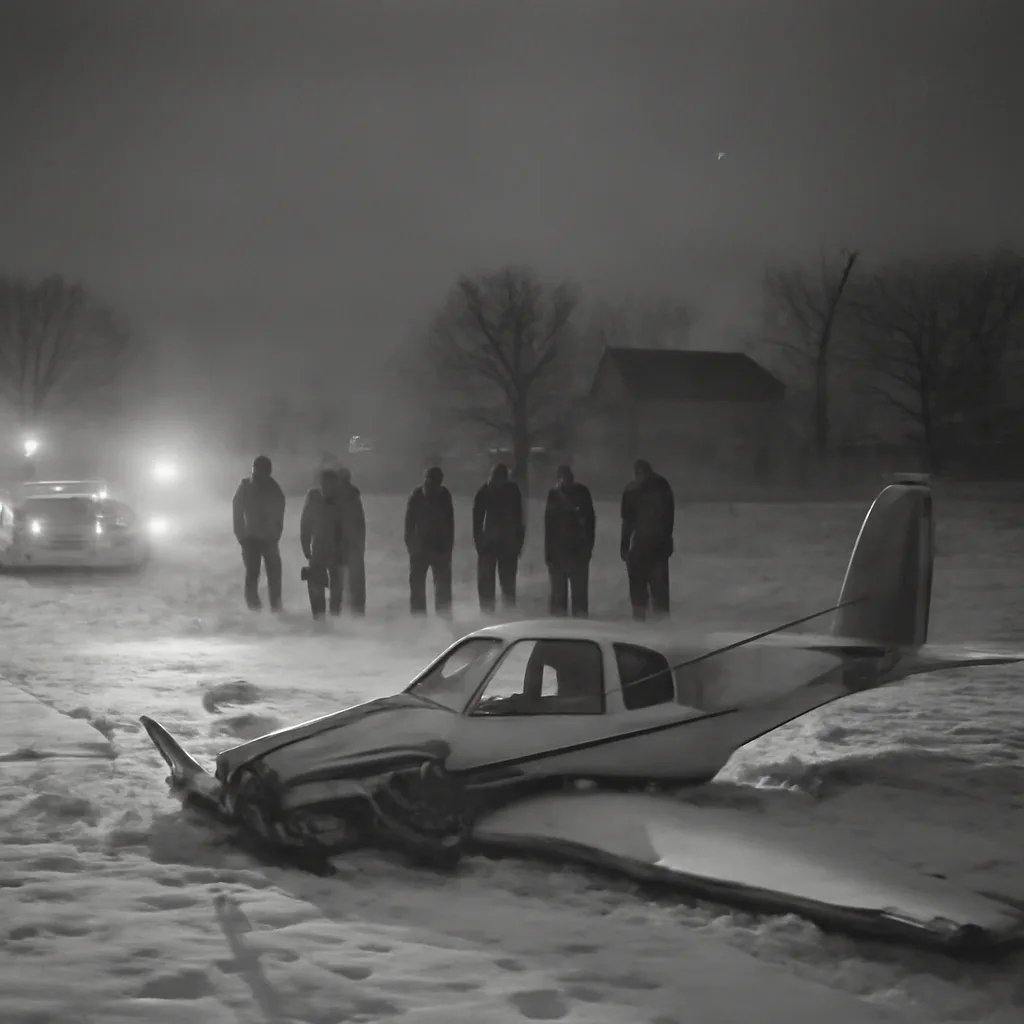 A 1959-era small single-engine aircraft wreckage in a snowy Iowa field near Clear Lake, with emergency vehicles and responders at the scene.