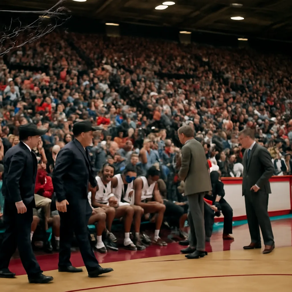 A crowded indoor college basketball arena during a timeout, team benches and officials visible, with security officers near the sideline and spectators looking on.