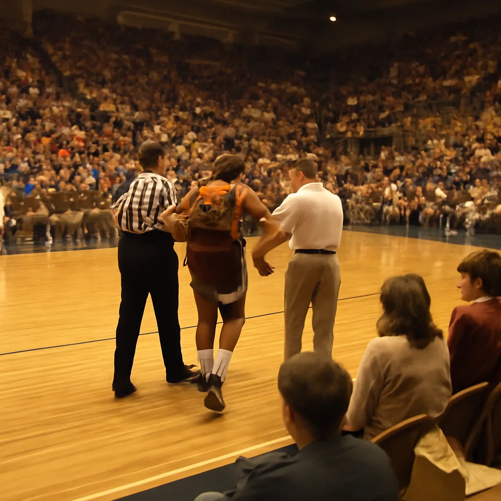 Gymnasium court scene in the 1990s showing referees and arena staff removing a player near the bench; concession stand bags visible in the stands.