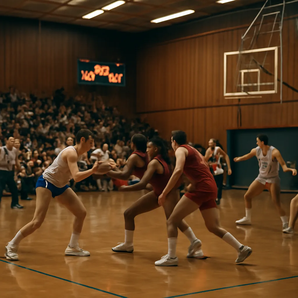 A 1970s college basketball game in progress with players scrambling beneath the baskets and a scoreboard and wooden gym interior visible.