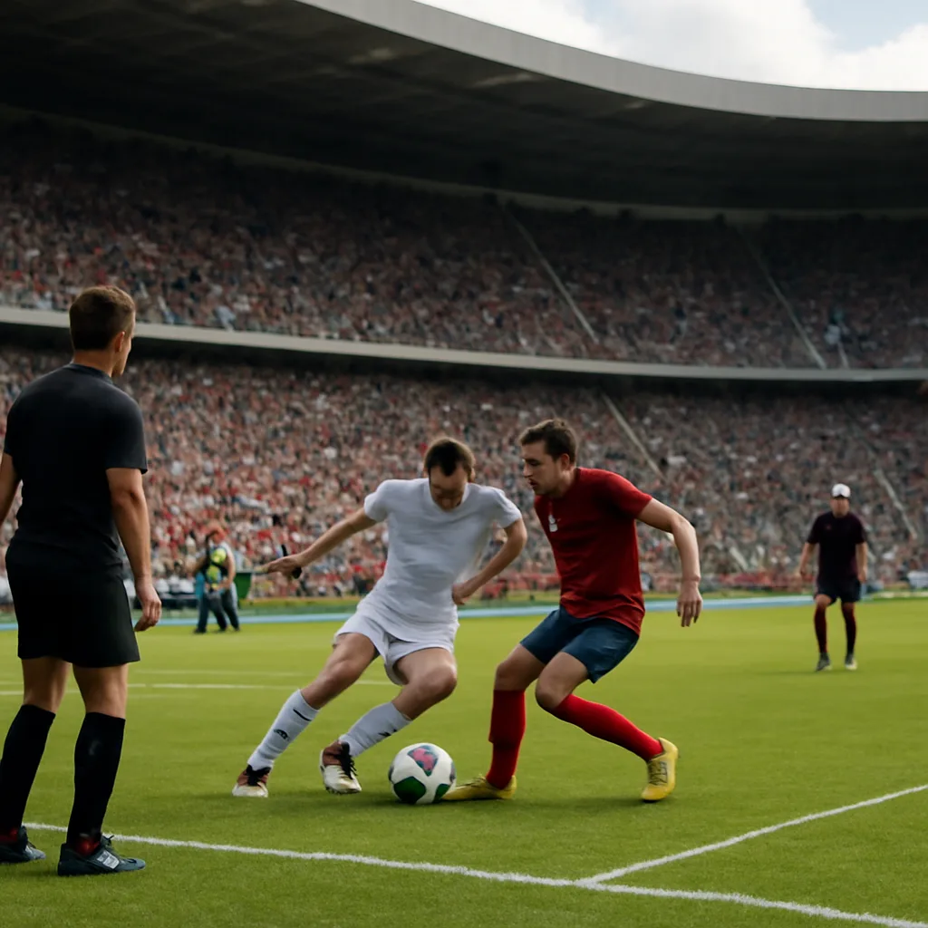Two soccer players contesting a header during a competitive match, one reaching with an arm while the other shields; officials and a stadium crowd visible in the background.
