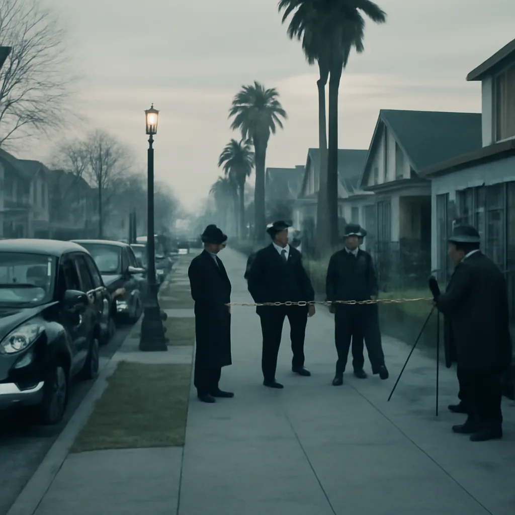 A 1940s Los Angeles street scene near Leimert Park at dawn: vintage cars parked along the curb, uniformed police officers and plainclothes detectives conversing beside a roped-off sidewalk, reporters with notepads; no identifiable faces.