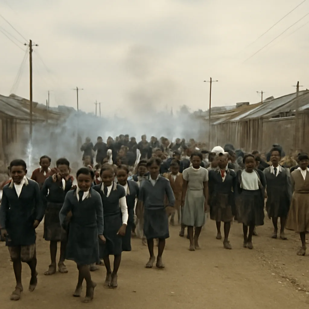 Crowd of schoolchildren and township residents in 1970s Soweto marching along a dusty street past low-rise houses and a police presence; visible tension and smoke from tear gas in the air.