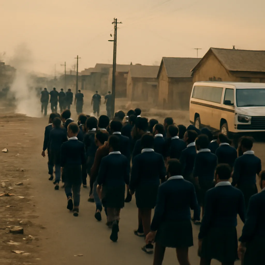 Crowd of marching Soweto schoolchildren on a township street in 1976, with police presence and a tense atmosphere; buildings and minibus taxis in the background.