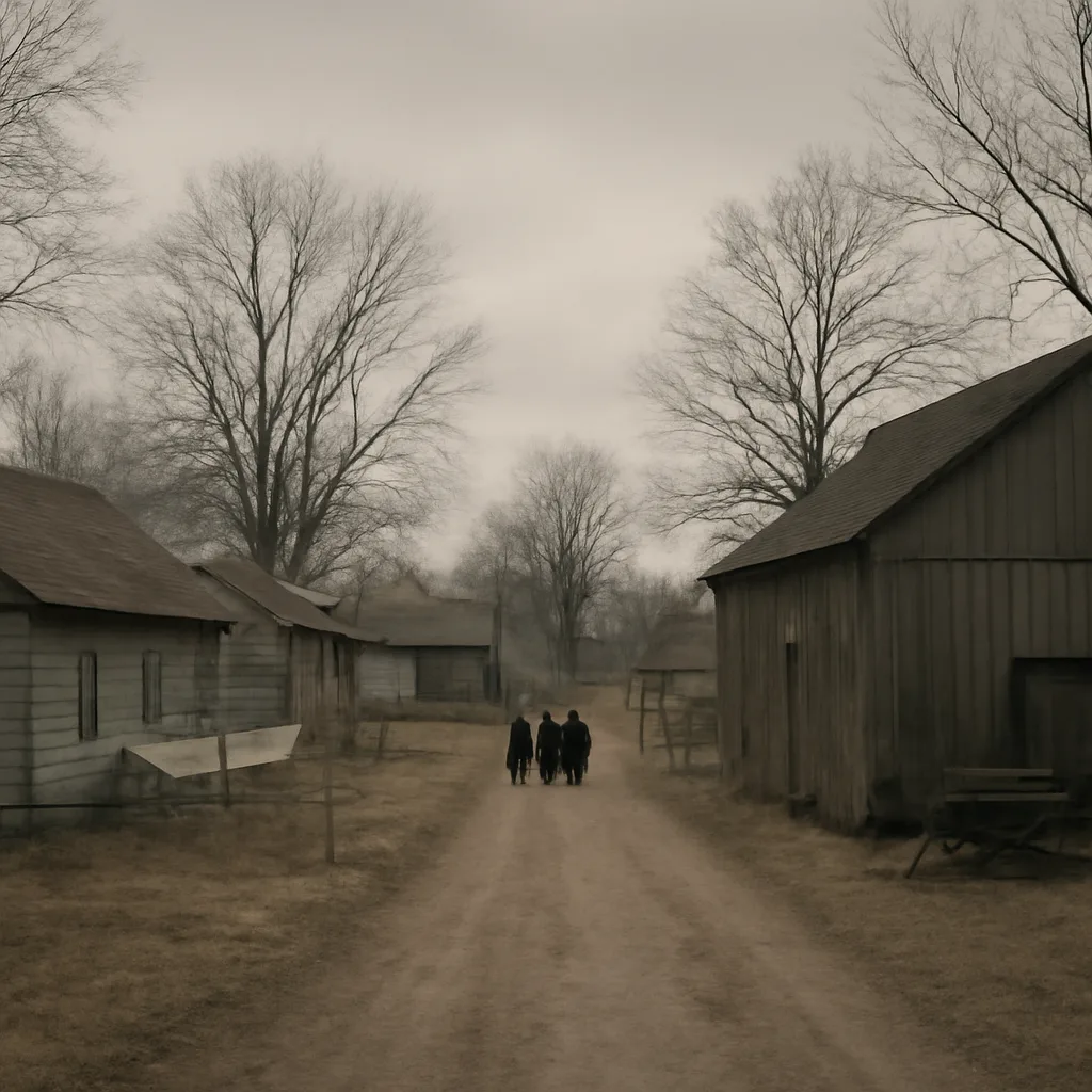 Wooden communal buildings and fields of a 1940s rural Ohio religious settlement viewed from a distance; simple outbuildings, a dirt road, and a few people in period-appropriate modest clothing standing outside.