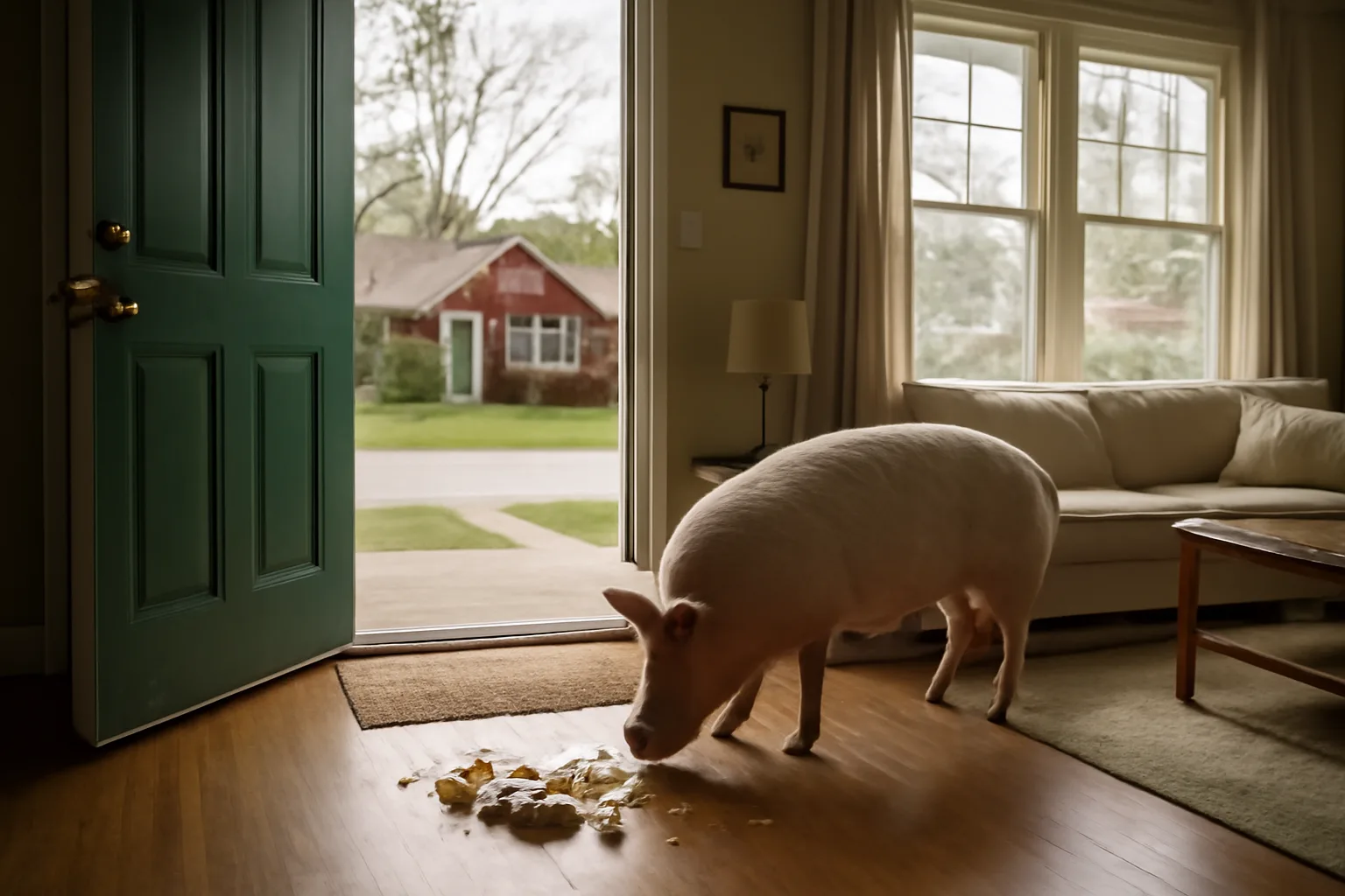 Pig standing inside a living room of a suburban North Carolina home investigating snacks on the floor