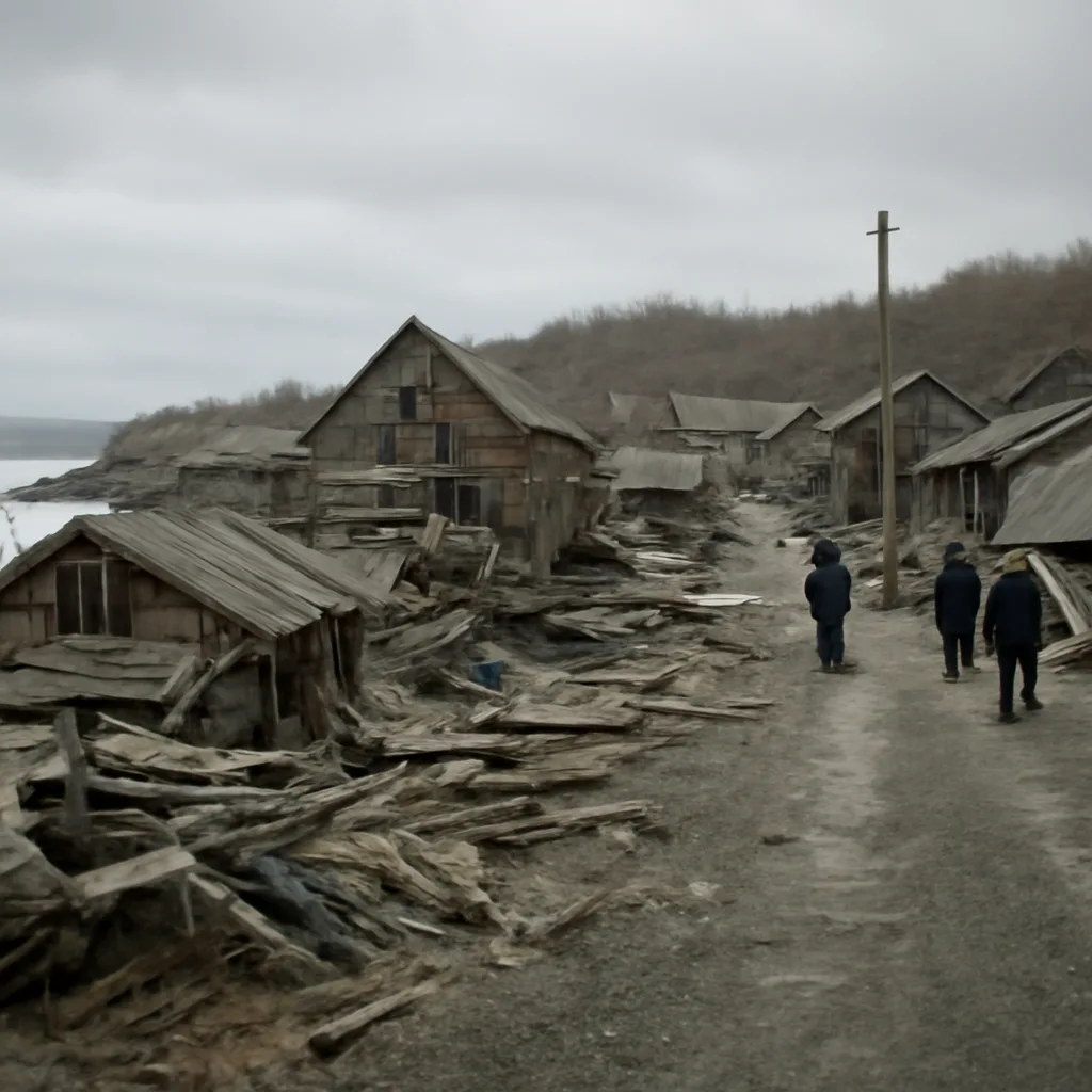Damage in a small Alaskan coastal village after a strong offshore earthquake: collapsed wooden structures, debris-strewn streets, and emergency workers assessing wreckage under overcast skies.