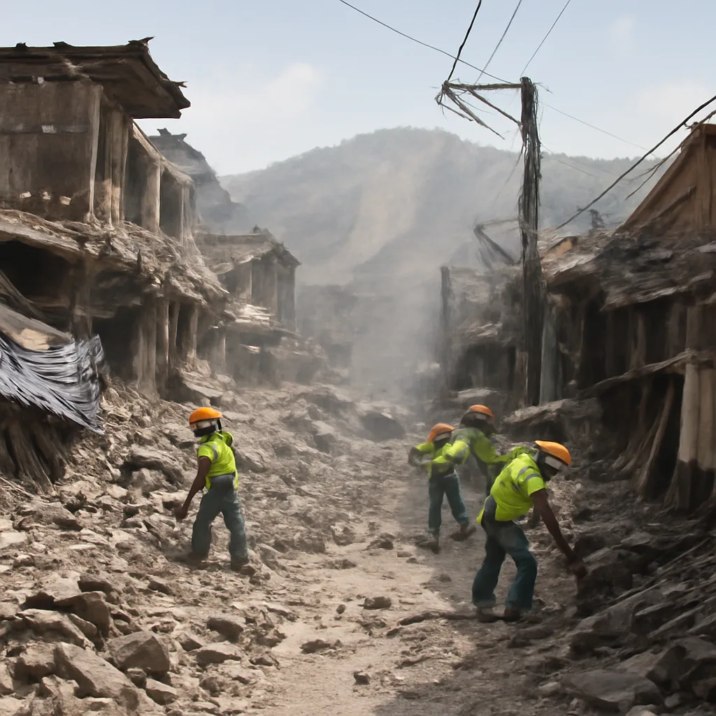 Collapsed masonry houses and emergency responders clearing rubble on a street in an El Salvador town after a large earthquake; dust and damaged utility poles visible.