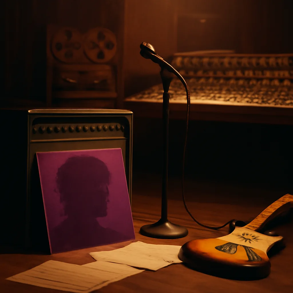 Vinyl LP sleeve of Purple Rain propped against a studio amp and microphone stand in a dimly lit recording studio, showing stage equipment and sheet music nearby.