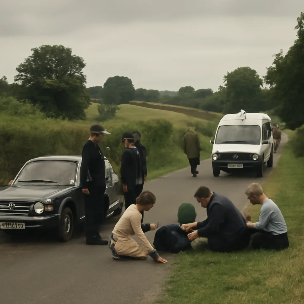 Princess Anne’s car stopped on a country lane with a small group of people and policemen nearby after the 1974 kidnapping attempt; scene shows countryside roadside, motor vehicles from the 1970s, and emergency response without identifiable faces.