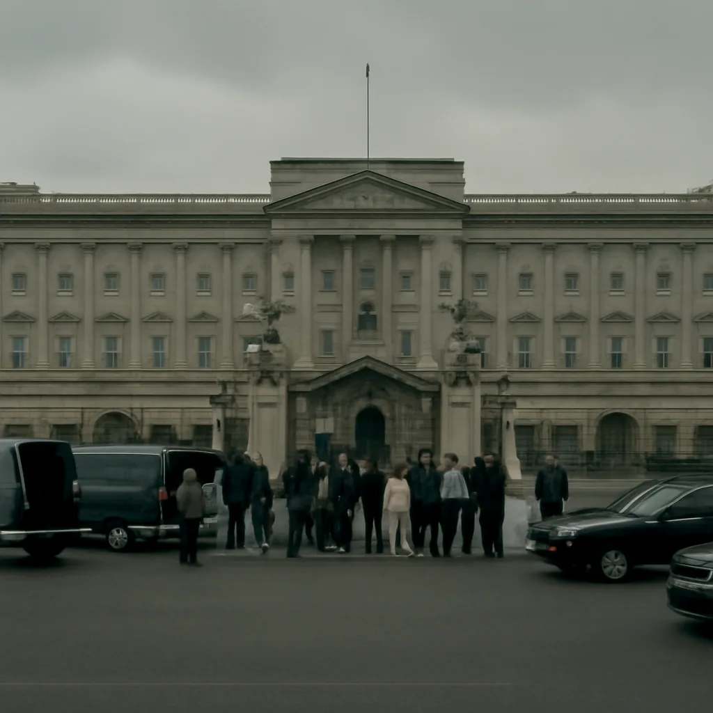 Exterior of Buckingham Palace with a small cluster of news photographers and parked media vans on a grey day; transport and period-appropriate vehicles visible to evoke early 1990s Britain.