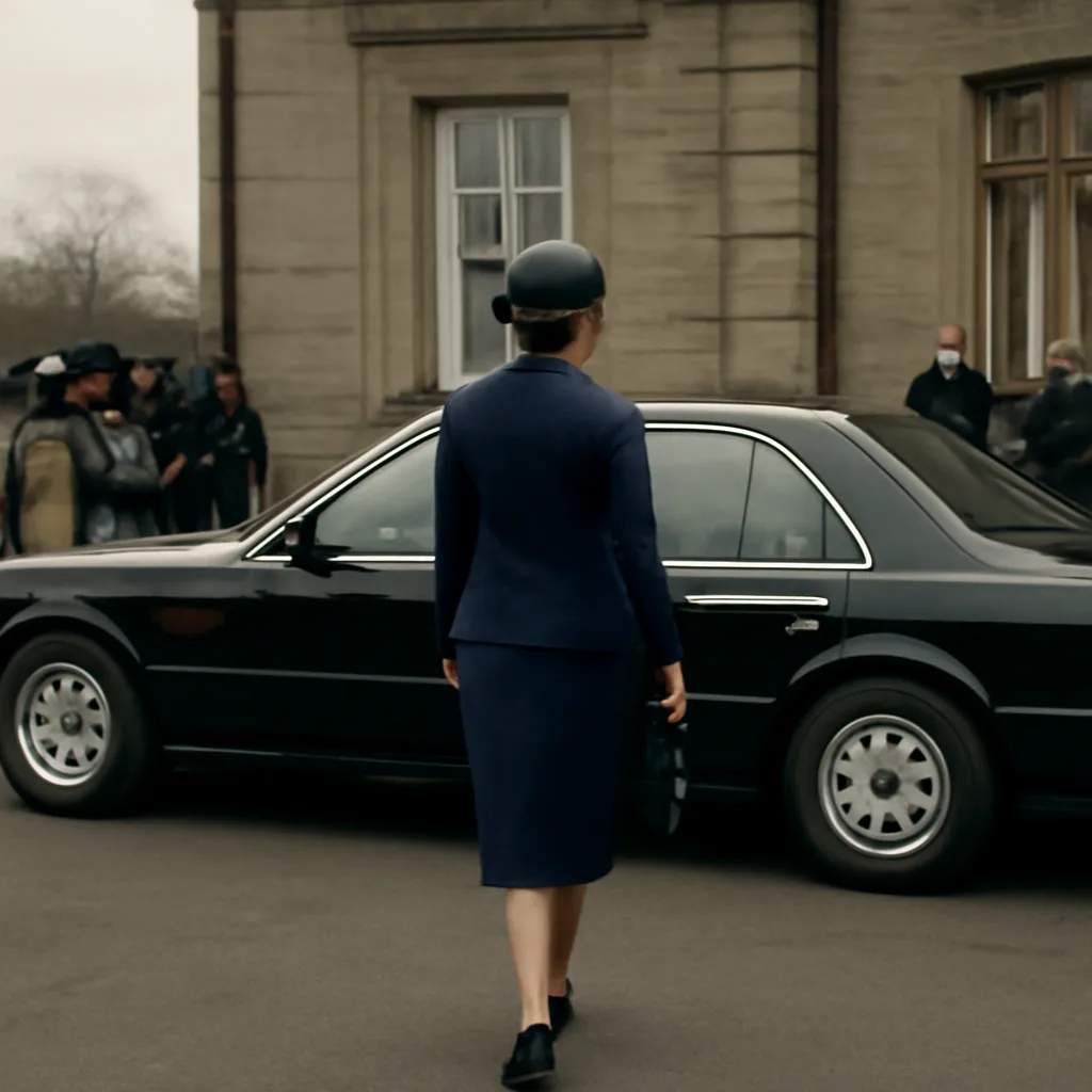 Princess Diana walking beside a car outside a British public building in mid-1990s formal attire, viewed from a respectful distance.