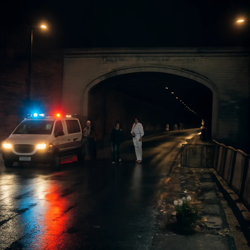 Nighttime view of the Pont de l'Alma tunnel entrance in Paris with emergency vehicle lights and a small group of responders; no identifiable faces visible.