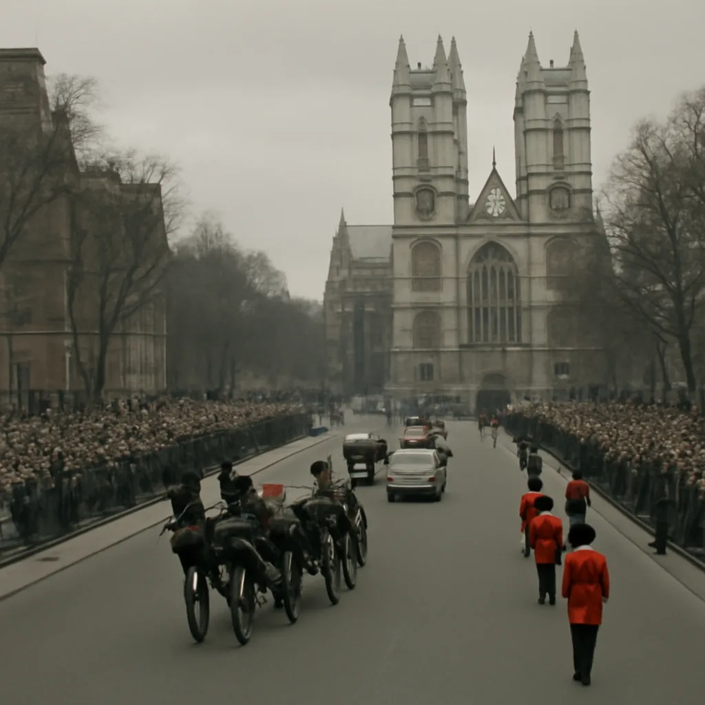 Crowds lining the streets along the funeral procession route in central London near Westminster; a horse-drawn hearse and royal carriages approach Westminster Abbey with people gathered behind barriers.
