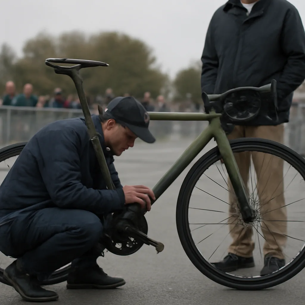 Race bicycle on roadside inspection, showing a mechanic examining the frame near the bottom bracket where a concealed motor might be installed.