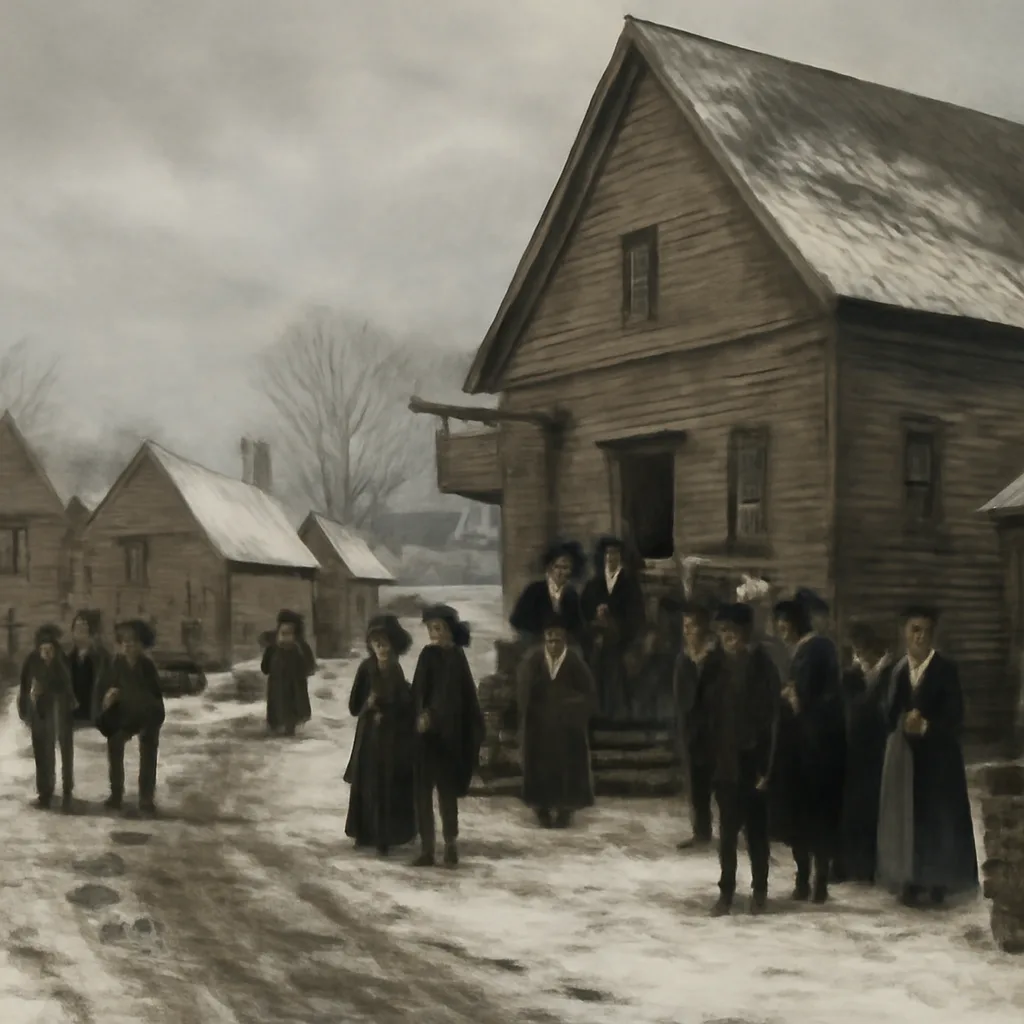 Late 17th-century New England village meeting house and surrounding homes under winter light, villagers gathered outside in period clothing showing concern and whispering; no identifiable faces.